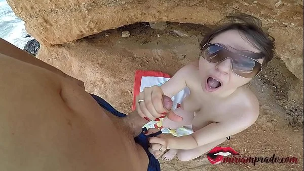 amateur couple fucking on public beach and he cums on her big tits / Miriam Prado