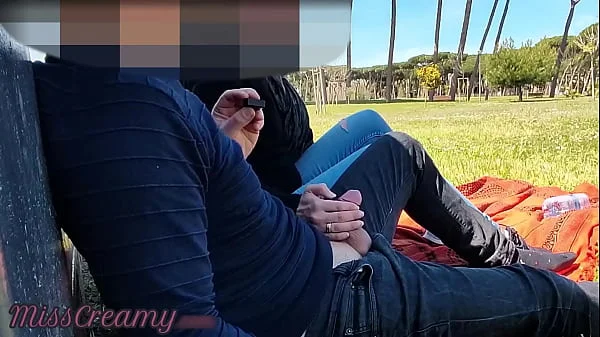 French Teacher Handjob Amateur on public park to student with Cumshot - MissCreamy