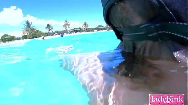 Couple on vacation public fuck at the beach underwater creampie