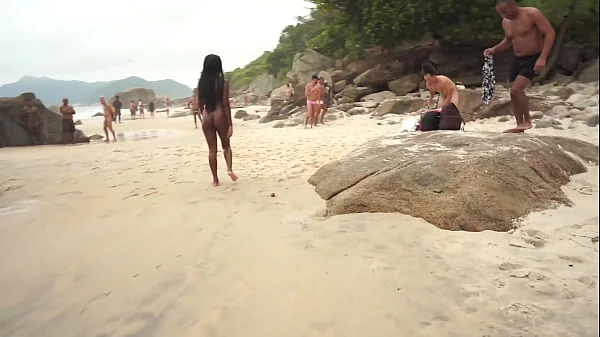 Cute Brazilian mulata, Jasminy Villar double penetrated by huge dicks at nude beach while people watching (Anal, DP, public sex, beach, Monster cock, ebony) OB242