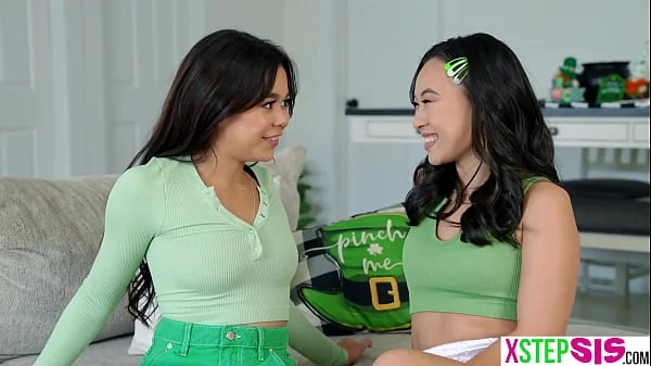 Bisexual asian teen stepsisters share stepbros cock on St Pattys day