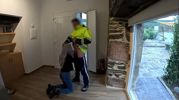 The delivery man comes home and I give him a surprise blowjob