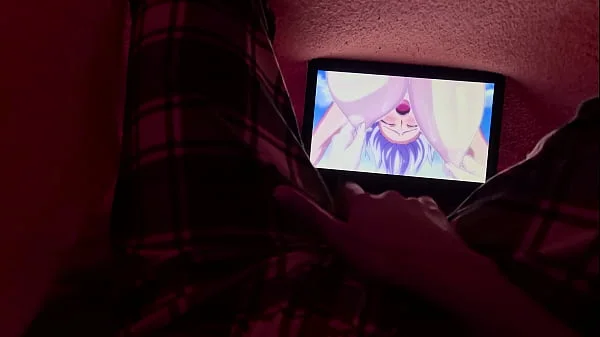 Girl masturbates while watching uncensored lesbian Hentai before bed.