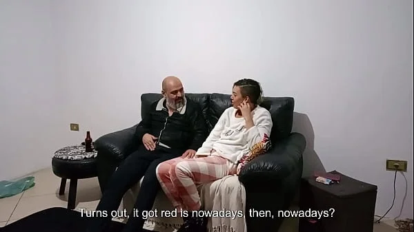 Stepfather comes home and finds his stepdaughter on the couch and she seduces him until they have sex.