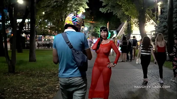 Red transparent dress in public