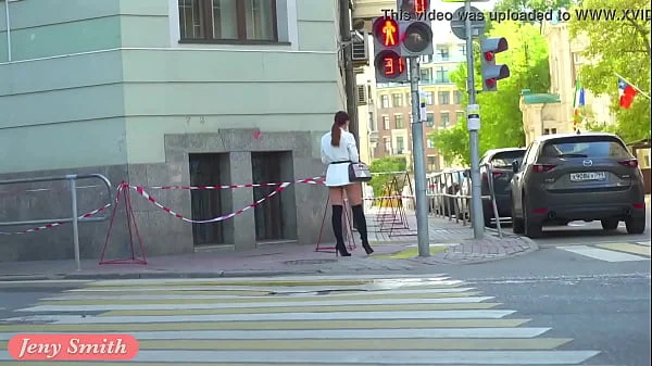 Independent Woman. Jeny Smith in pantyhose without panties in public