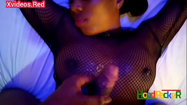 Horny ebony wife in fishnet pays money she owes in kind.