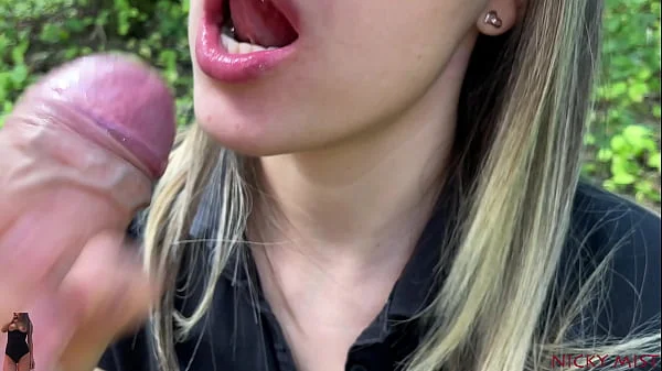 Stranger was with girl in the woods POV blowjob she swallow his cum