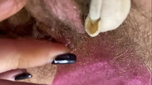 Extreme Closeup Big clit Rubbing orgasm wet hairy pussy