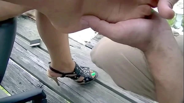 Exhibitionist Wife #75 Pt1 - MILF Heather Silk Upskirt Flashing Shaved Pussy To Voyeur In Public Bus Stop!  He Gives Her A Foot Massage!